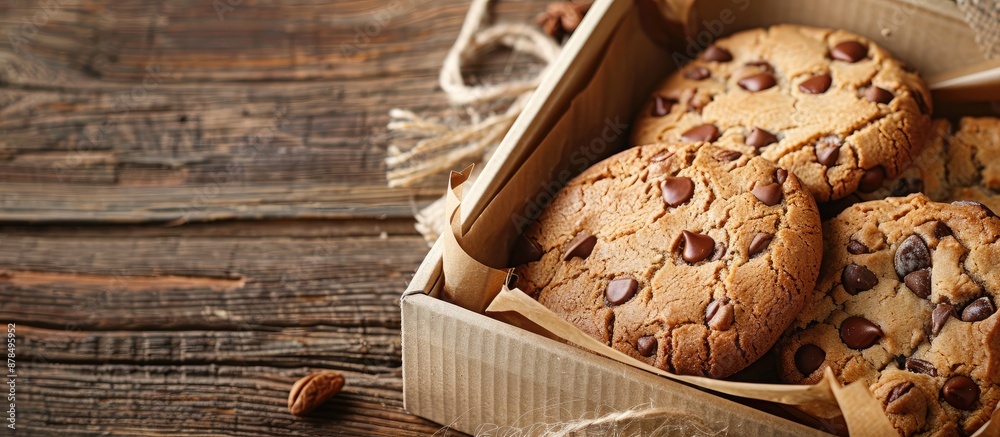 Poster Cookie bread displayed in a box on a wooden table, creating a charming scene with copy space image available.