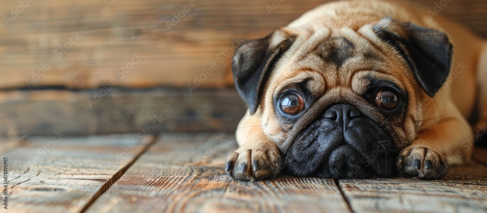Poster Closeup portrait of a purebred Pug on a wooden background with ample copy space image.