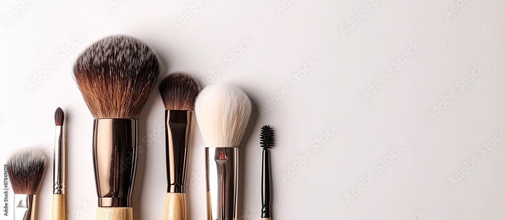 Poster Decorative cosmetics and brushes arranged on a white backdrop with copy space image.