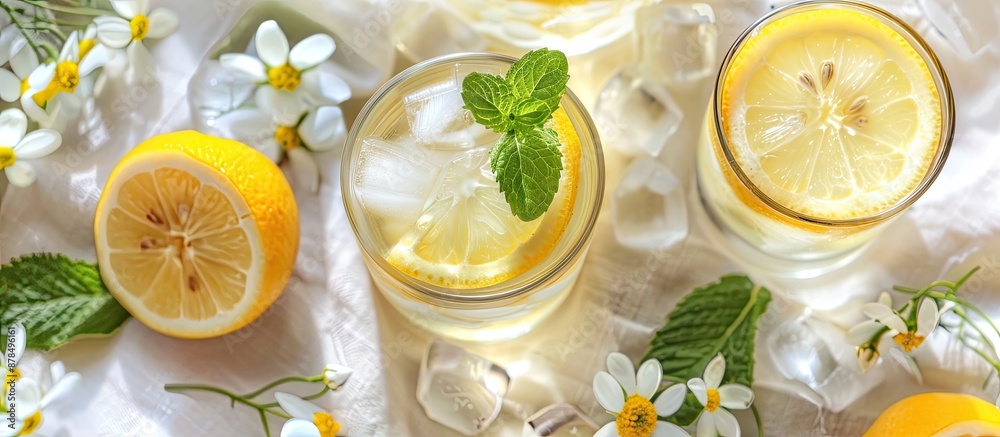 Poster close-up of cold lemon drink with ice, mint, slices, and white flowers on a linen tablecloth, ideal 