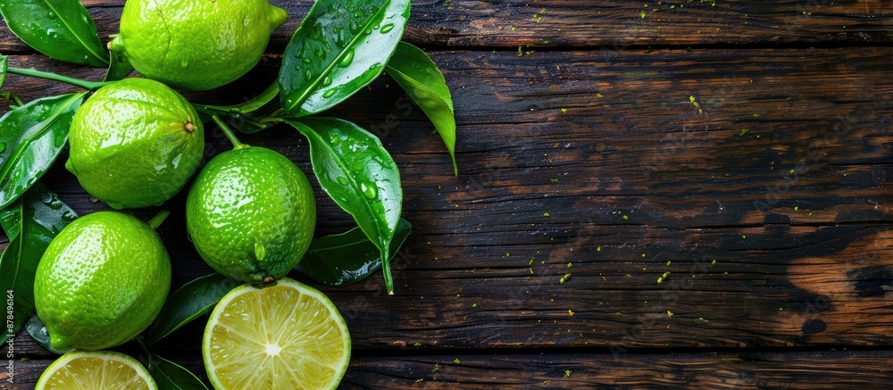 Poster close-up of fresh ripe limes and green leaves on a wooden table with ample copy space image.