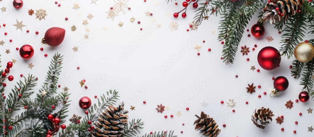 Poster christmas-themed composition with festive decorations on a white backdrop with copy space image.
