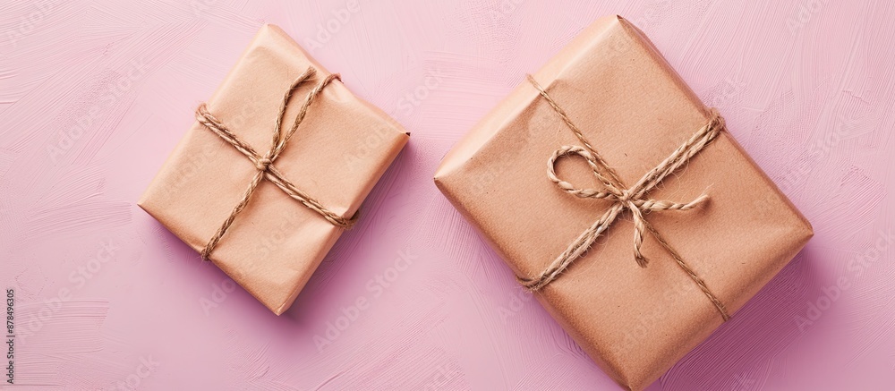 Poster Celebrate with a warm and inviting background containing a gift wrapped in brown paper on a soft pink surface in a top view copy space image.