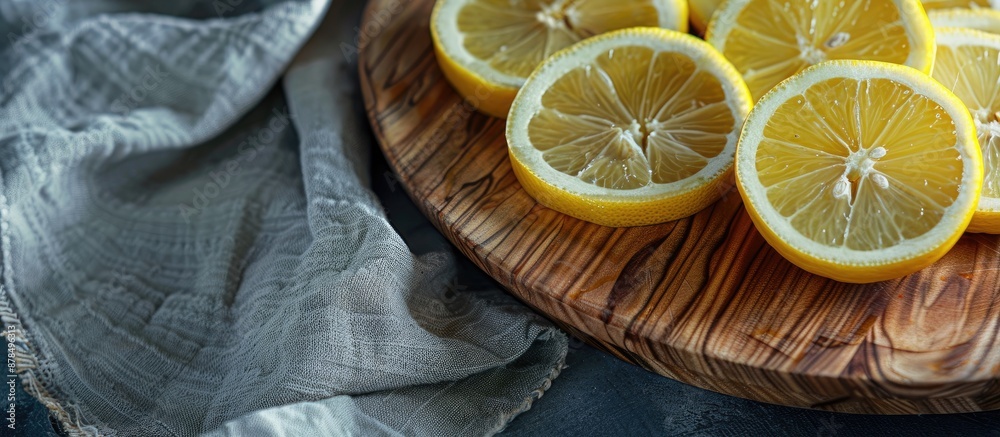 Poster an artistic arrangement of lemon slices on a wooden plate with copy space image available.