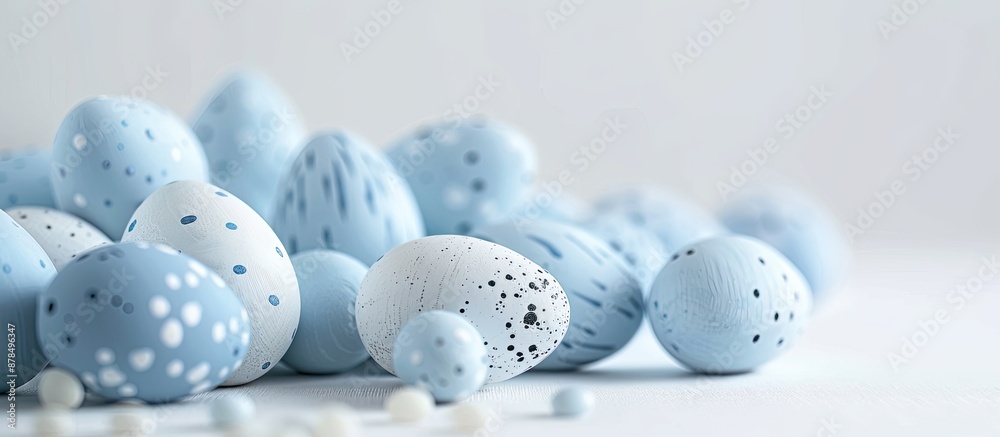 Poster blue and white easter eggs displayed on a white background with copy space image.