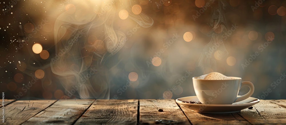 Poster coffee in a cup on a rustic wooden table creates a cozy atmosphere with a warm beverage, all set aga