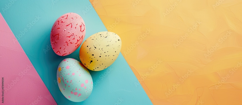 Poster Flat lay Easter eggs on a vibrant background with copy space image.