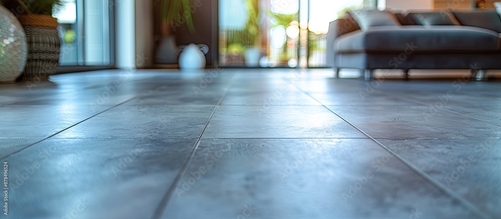 Poster Close up of indoor home floor tile with abstract blur background framing the copy space image.
