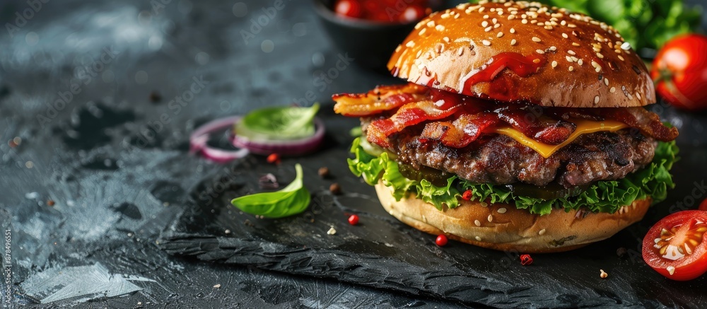 Poster delicious double bacon burger on a slate plate with copy space image.