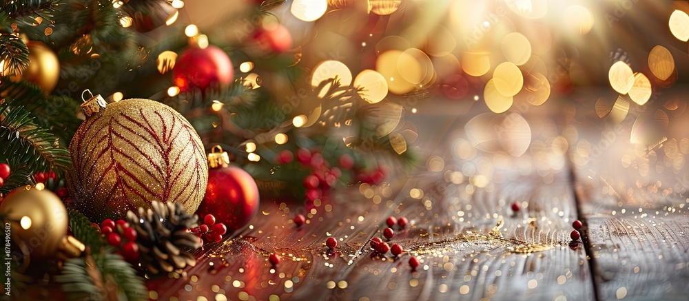 Poster festive christmas scene on wooden table with red and gold xmas decorations emphasizing a golden ball