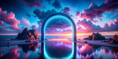 Surreal 3D Abstract Landscape - Neon Arch and Reflective Water with Dramatic Clouds and Sunset Sky for Futuristic Fantasy Design