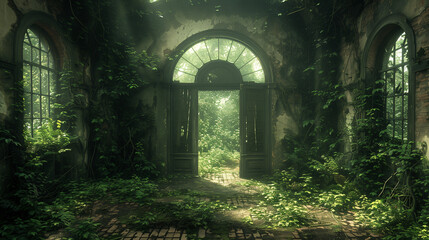 An abandoned greenhouse with overgrown plants and vines, sunlight streaming through broken windows.