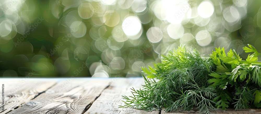 Poster closeup of dill and parsley on a light wooden table creating a picturesque copy space image.