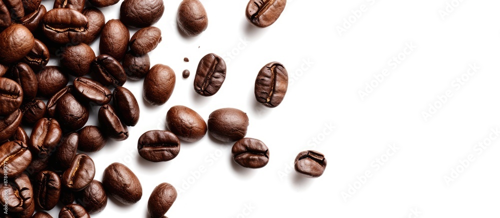 Poster Coffee beans in motion with a white backdrop providing copy space image.