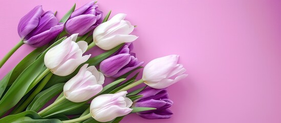 Obraz premium Bouquet of white and purple tulips on a pale pink backdrop with copy space image. Represents fresh spring blooms for various occasions like Valentine's Day, birthdays, weddings, and more.