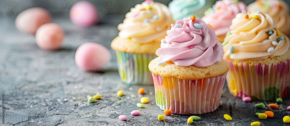 Poster delicious easter cupcakes displayed on a neutral grey backdrop with copy space image.