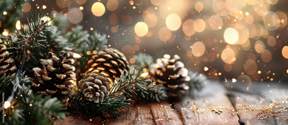 Poster design for christmas banner or greeting card featuring fir branches on a wooden backdrop adorned wit