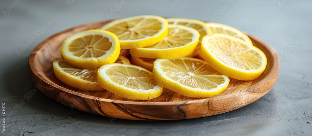 Poster an artistic arrangement of lemon slices on a wooden plate with copy space image available.