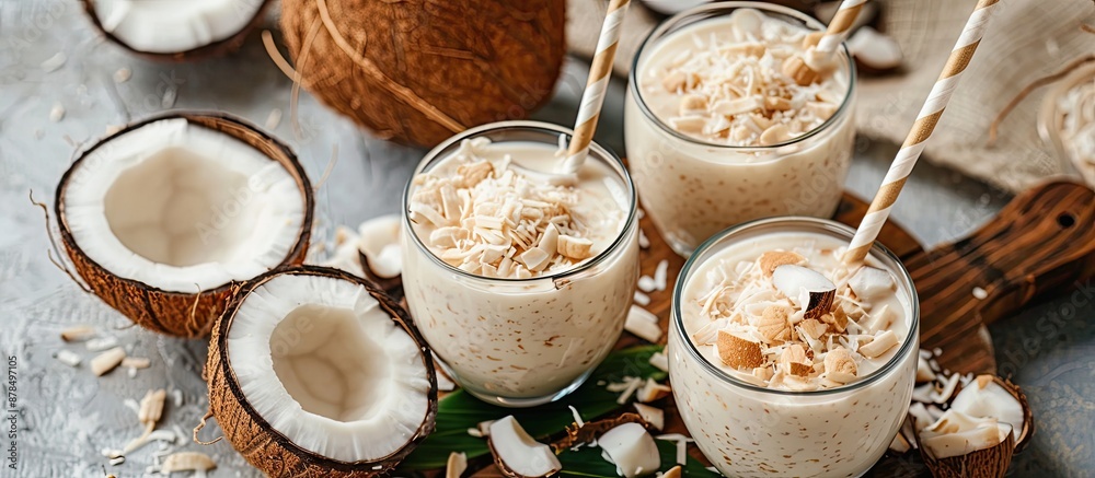 Poster dairy-free alternative made from coconuts. image with copy space