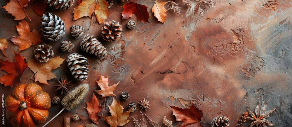 Poster Autumn-themed arrangement with dried leaves and various decorative elements on a tabletop for a flat lay, top view photograph with a copy space image.