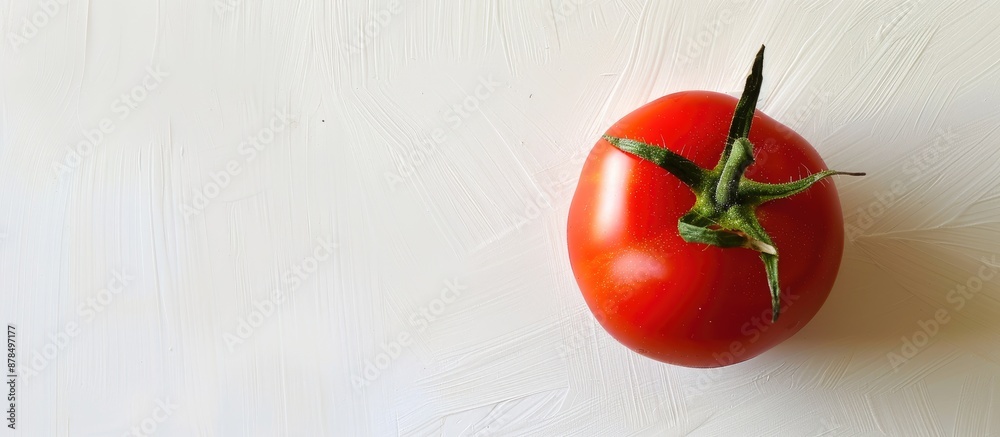 Poster copy space image of a vibrant red tomato set against a white background.