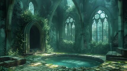 A serene, abandoned cathedral with overgrown vegetation and a circular pool in the center, bathed in soft sunlight streaming through broken stained glass windows.
