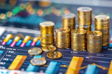 Shiny gold coins stacked on a vibrant financial chart, symbolizing cryptocurrency investment growth. In the background, blurred graphs depict financial data and market trends.