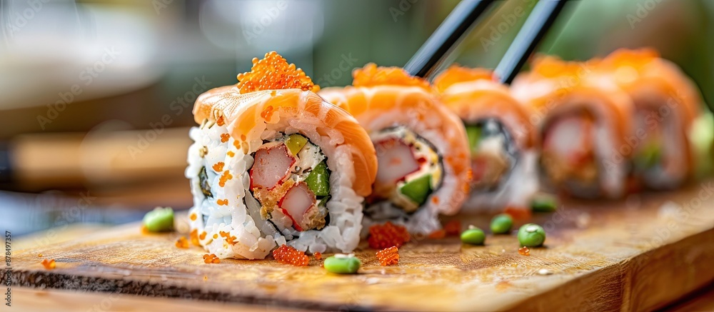Aufkleber close-up shot of japanese sushi rolls with chopsticks on a wooden cutting board in a sushi bar kitch
