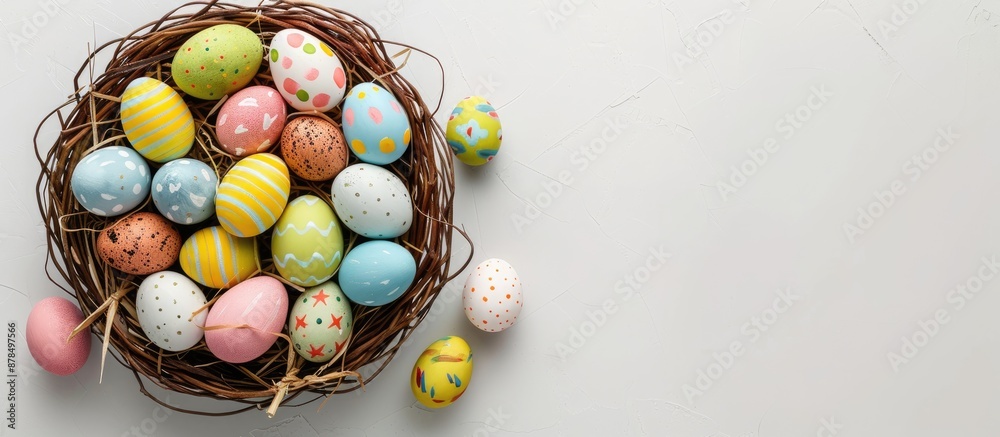 Aufkleber An arranged display of colorful Easter eggs in a basket set against a plain white backdrop with room for text. A top-down view showing a festive arrangement with a flat layout alongside the copy