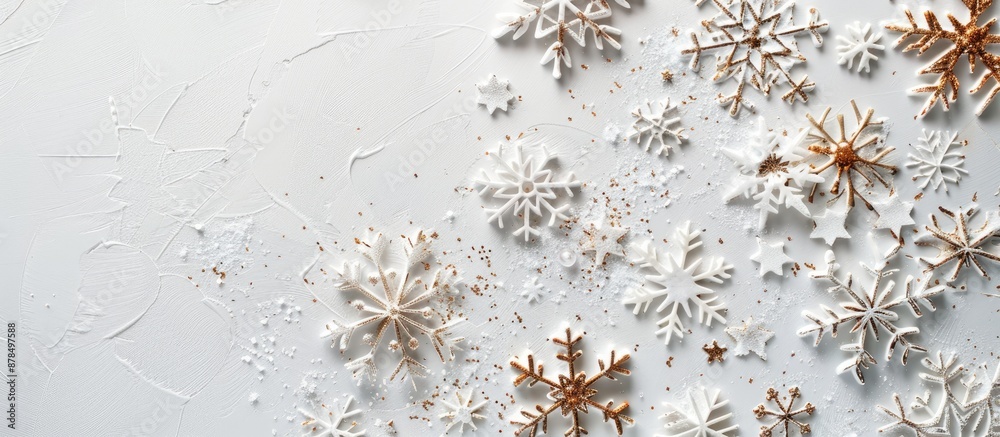 Poster decorative snowflakes on a white backdrop with room for a message in a copy space image.