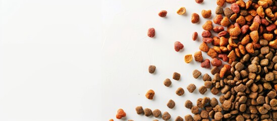 Dry dog and cat food displayed on a white background for advertising a pet product with a copy space image.