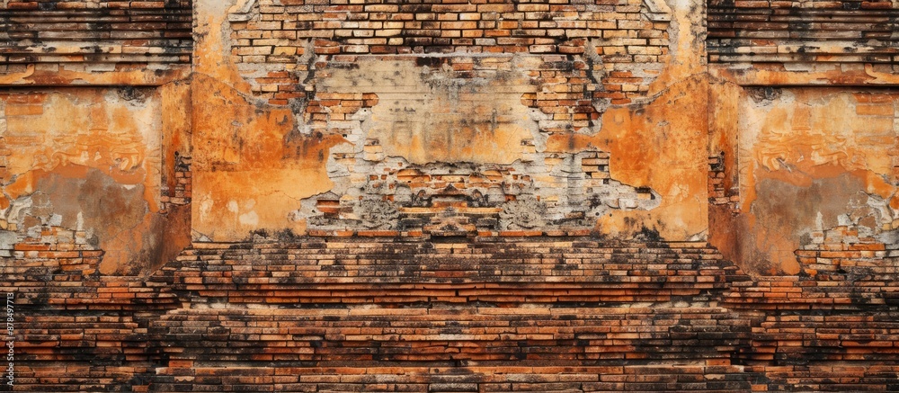 Poster an ancient temple's weathered orange brick wall provides a backdrop for design with copy space image