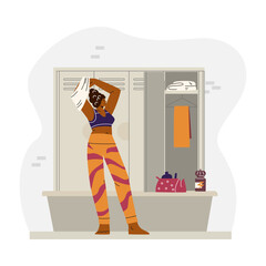 Vector illustration of a athlete in a uniform with leggings changing clothes in the locker room.