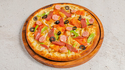 Delicious pizza isolated on wooden board