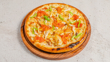 Delicious pizza isolated on wooden board