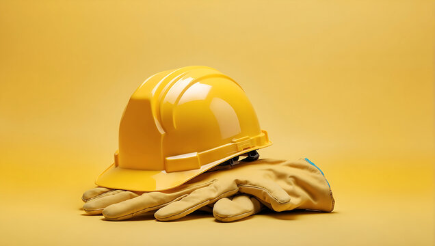 Labor day, yellow construction hard hat resting on a pair of protective work gloves against a matching yellow background