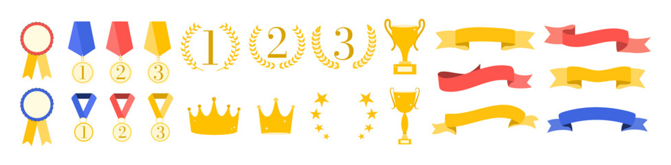 Set of flags, medals, cups, crowns. Reward for victory. Vector. Wreath. Frame and textbox. Competing and tournament. Ranking template. Certificate. Elements for design. Winner. Premium quality sticker