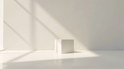 White cube in an empty room catches sunlight, creating shadows on the wall and floor. The modern, minimalist space is bright and airy, perfect for product displays