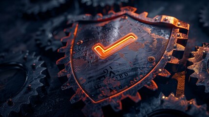 Rust programming language concept illustrated by a rusty shield with a digital glowing checkmark, symbolizing security and reliability in software development.