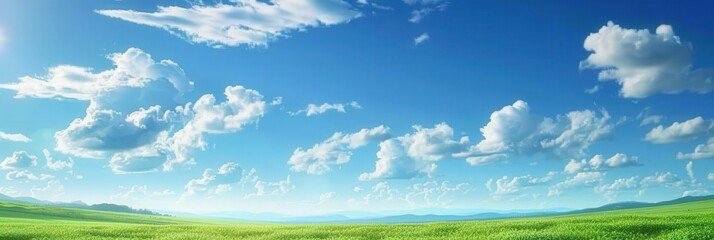 Obraz premium Tranquil Green Field Under a Blue Sky, natural landscape with green grass field, nature backgroud