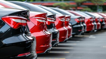 Naklejka premium Shiny new cars lined up for sale in a car lot.