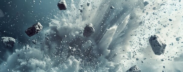 Exploding asteroid field in a distant galaxy creates a mesmerizing display of destruction and danger among the stars, blending science fiction and astronomy with a celestial nebula backdrop