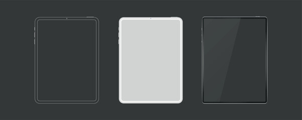 Tablet mockup with blank screen in realistic, clay, flat vector, outline style. detailed tablet mockup, black and white models smartphone front view, model 3D mobile phone, ui, ux - vector