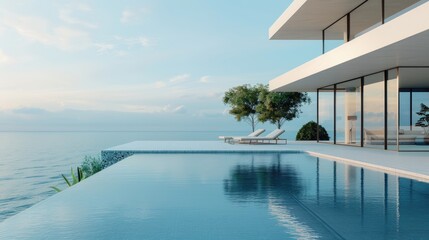A modern villa with an infinity pool overlooking the sea. background or wallpaper. Travel and rest seaside hotel