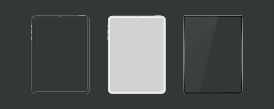 Tablet mockup with blank screen in realistic, clay, flat vector, outline style. detailed tablet mockup, black and white models smartphone front view, model 3D mobile phone, ui, ux - vector