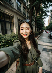 Fototapeta premium Asian beautiful woman in a stylish hat smiles for the camera, radiating summer joy