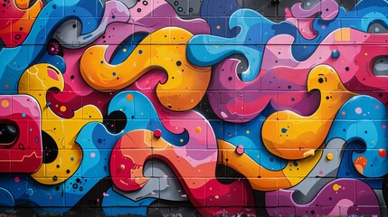 Brightly colored abstract graffiti art is covering a brick wall, adding a vibrant splash of color to the urban environment
