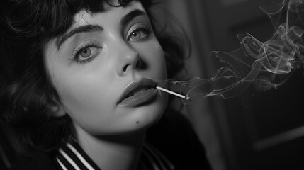 Obraz premium Black and white portrait of a young woman with short curly hair smoking a cigarette. The smoke is visible, curling around her face. She has a serious expression and is looking directly at the camera.