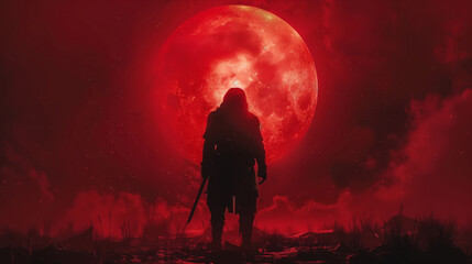 A silhouette of a warrior holding a sword, standing against a large red moon in a dark, cloudy sky. The scene is dramatic and intense, with a sense of mystery and danger.