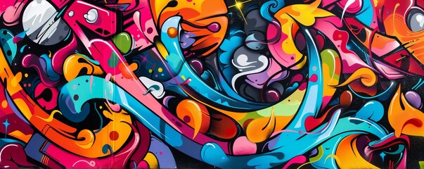 Fototapeta premium Vibrant street art mural using spray paint on a public city wall, showing an abstract design with bright colors and a modern urban art style